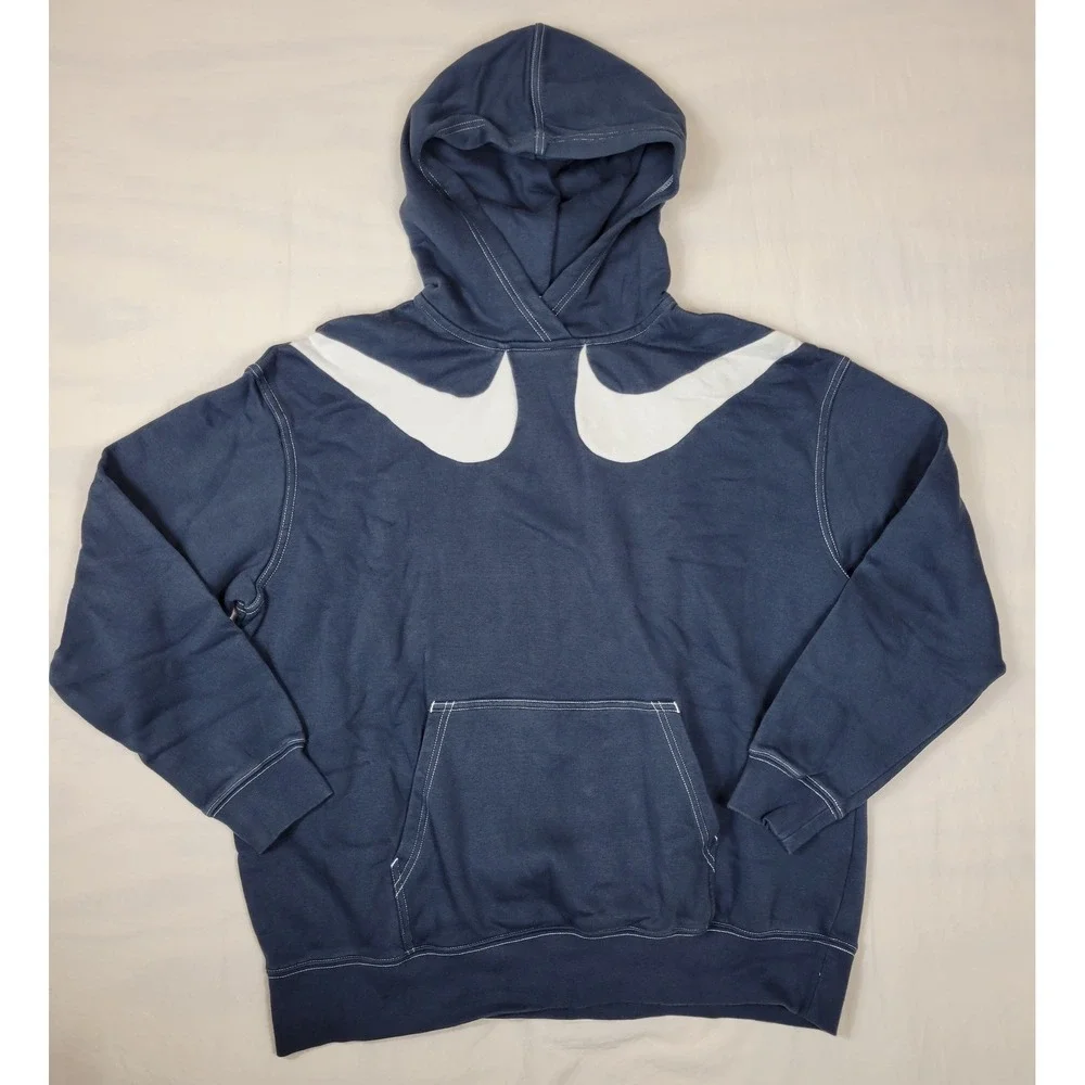 Nike Swoosh Double Logo Hoodie Womens Blue White Contrast Stitch DR6199-437 M